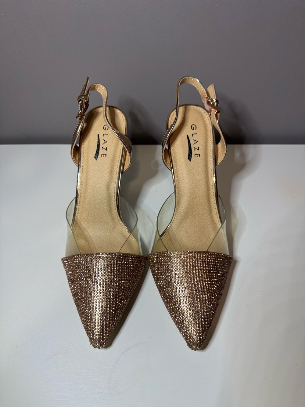 Glaze Rose Gold Pointed Slingback Heels with Clear Sides